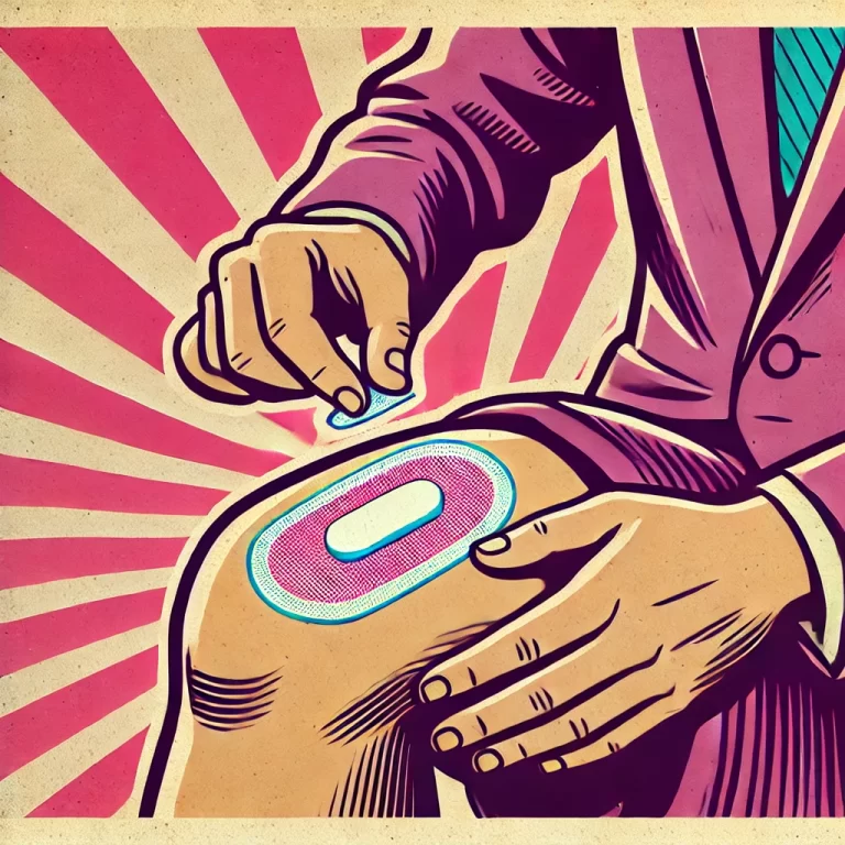 a woman on menopause sticking an HRT patch on her skin